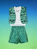 Boys fairy tale creature costume set includes scale printed vest, white tee with bow tie and glitter green shorts. Enchanted woodland styling, great for Halloween, forest theme party and kids fantasy role-play.