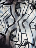 Boys futuristic robot bodysuit, mock neck long sleeve full-length jumpsuit. Metallic silver black geometric armor print, high stretch slim fit, perfect for sci-fi superhero cosplay and Halloween dress-up.