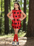 This girls' costume set includes a red ladybug printed dress, a pair of leg warmers, a pair of black tulle wings and a headband with antennae. Ideal for Halloween, holiday parties, animal themed dress-up and stage performances.