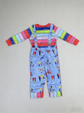 Boys toy themed costume set includes colorful striped long sleeve shirt and light blue printed overalls. Fun tool graphic prints, ideal for Halloween, themed parties, school dress-up and kids creative role-play.