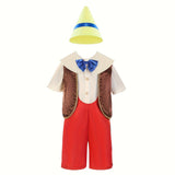 Boys 4-Piece Outfit: Solid T-shirt + Overalls + Waistcoat + Hat Navy collar with blue bow, waistcoat with golden lace. Ideal for parties, costume events and shows.