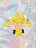 Girls' Outfit: 1pc Top And 1pc Shorts, Short Top Design, Main Color Bright Yellow, Black Contrast Vertical Stripes on Sleeve Outseams, Girls' Halloween And Various Carnival Festival Party Performance Costume