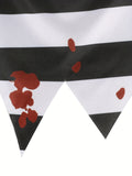 Boys striped prisoner costume set includes long sleeve top, trousers and matching cap. Scary blood print & jagged trim design, great for Halloween haunted party and spooky themed role-play.