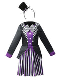 Girls Mad Hatter Striped Dress Costume with Mini Top Hat Headband