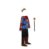 Boys' King Outfit Set: 1 Print Top + 1 Solid Color Pants + 1 Contrast Hooded Cape + 1 Crown + 1 Pair of Arm Guards + 1 Scepter, Boys' Multi-Piece King Outfit Set, Halloween And Various Carnival Attire, Stage Performance Attire