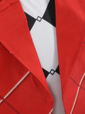 Girls 3-piece outfit set includes red plaid blazer with tulle cuffs, argyle print inner top and short skirt. Elegant preppy styling, suitable for parties, daily wear and themed dress-up occasions.