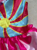 Girls candy themed costume set, tiered sleeveless dress with striped arm sleeves and matching lollipop headband. Bright colorful print, cute sweet style for carnival & birthday dress-up.