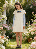 Girls Preppy Bow Sleeveless Dress Striped Inner Top 2-Piece Outfit