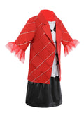 Girls 3-piece outfit set includes red plaid blazer with tulle cuffs, argyle print inner top and short skirt. Elegant preppy styling, suitable for parties, daily wear and themed dress-up occasions.