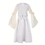 Princess Dress for Girls + 1 Golden Belt. The Puff Sleeves Are Adorned with Light Yellow Ribbons, Front Features Iridescent Golden Embossing. Perfect as a Halloween/Christmas Party Dress or Princess Costume