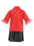 Girls 3-piece outfit set includes red plaid blazer with tulle cuffs, argyle print inner top and short skirt. Elegant preppy styling, suitable for parties, daily wear and themed dress-up occasions.