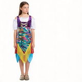 Girls colorful fortune teller costume dress with fringe details. Off-shoulder sleeves and mixed irregular hem design. Perfect for Halloween carnival, circus themed party and mystical character role-play.