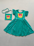 Cat-head print dress + printed bag, polka dot flutter sleeves. Great for holidays and performances.