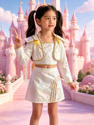 Girls' Outfit: 1pc Top, 1pc Camisole And 1pc Skirt, White Base with Golden Accents, Iridescent Fabric with Shimmering Reflective Effect Under Stage Lights, Enhancing Visibility for Performances, Girls' Halloween And Festive Party Costume