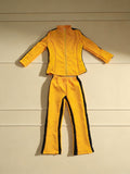 Girls' Yellow Kung Fu Tracksuit: 1 top and 1 pair of pants. Stand collar martial arts costume with black stripes and zipper, suitable for Halloween, carnival parties and stage performances.
