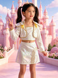 Girls' Outfit: 1pc Top, 1pc Camisole And 1pc Skirt, White Base with Golden Accents, Iridescent Fabric with Shimmering Reflective Effect Under Stage Lights, Enhancing Visibility for Performances, Girls' Halloween And Festive Party Costume