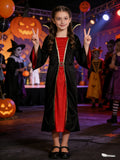 Children's Dark Villain Cosplay Dress: 1pc Black and Red Color-block Dress with a Red Panel the Middle, Flared Bell Sleeves, and a Stand-up Collar. Suitable for Halloween and Themed Party Cosplay Costumes