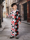 Boys' stylish suit set features spliced blazer with half solid half plaid texture and solid trousers. Three-dimensional tailoring fits kids well, breathable, durable and wrinkle-resistant. Elegant kids formal outfit for formal events and daily wear.