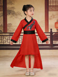 1pc Bright Red Dress with Printed Pattern on Front, 1pc Black Waistband, Soft And Comfortable Fabric, Easy And Fashionable Design. Girls' Halloween And Various Carnival Holiday Sets