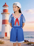 Girls' Nautical 4pcs Set Includes a Blue Striped Top, Vest, Blue Shorts, And a White Printed Hat. Features Classic Blue And White Sailor Stripes with a Red Bow Accent. The Vest And Headband Design Enhance The Uniform'S Professional Look