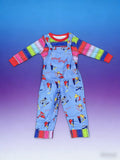 Boys toy themed costume set includes colorful striped long sleeve shirt and light blue printed overalls. Fun tool graphic prints, ideal for Halloween, themed parties, school dress-up and kids creative role-play.