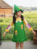 Girls Green Dress Set with Hat, Irregular Hem for Festival Party & Performance