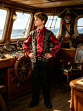 Boys' Pirate Outfit: 1pc Maroon Top, 1pc Gray Vest, 1pc Black Pants, And 1pc Maroon Headscarf, Boys' Halloween And Various Carnival Pirate