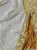 Girls royal princess long dress costume with gold trim and layered bell sleeves. Elegant two-tone design, floor-length cut, perfect for Christmas parties, cosplay and holiday dress-up events.