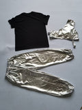 Girls 3-piece hip-hop stage set, graphic short sleeve tee, adjustable buckle cross harness and silver cuffed jogger pants. Futuristic street silhouette, trendy layered design for dance contest and talent show costume.