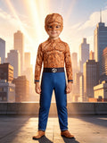 Kids superhero full outfit set, jumpsuit with matching mask. Classic hero themed design, long sleeve integrated top and trousers, vivid printed pattern, perfect for cosplay, party and dress-up games.