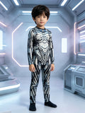 Boys futuristic robot bodysuit, mock neck long sleeve full-length jumpsuit. Metallic silver black geometric armor print, high stretch slim fit, perfect for sci-fi superhero cosplay and Halloween dress-up.