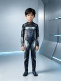 Kids armored robot jumpsuit, front zip mock neck long sleeve bodysuit with footed design. Realistic metallic armor print with golden accent, stretch full-body suit for sci-fi hero cosplay and Halloween costume.
