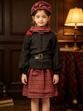 Girls Scottish tartan 5-piece costume set, ruffle cuff black blouse, plaid skirt, leather belt, fringed scarf and matching beret. Vintage British folk style for cultural show and school themed party dress-up.