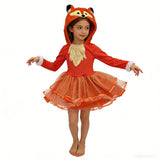 Girls fox animal costume dress with built-in fox hood. Fluffy chest decoration and sparkly tulle skirt. Cute woodland animal styling, ideal for Halloween, themed party and kids role-play activities.