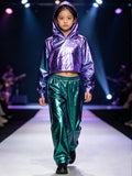 Girls 2-piece metallic stage outfit, cropped hooded long sleeve top matched with elastic waist wide leg pants. Shiny iridescent fabric, cool street style for hip-hop shows and runway costume events.
