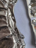 Girls 3-piece silver stage outfit, fuzzy trim sequin cami crop top, double-layer ruffle skort and matching arm sleeves. Shiny metallic silver design, youthful futuristic style for dance competition and school gala costume.