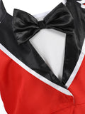 Boys ringmaster costume set includes red tailcoat, white inner shirt, black trousers and bow tie. Classic circus styling, ideal for Halloween, carnival, stage performance and themed dress-up activities.