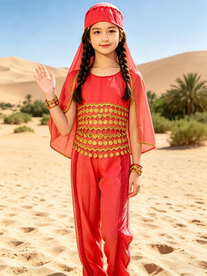 Kids exotic desert themed costume set, cape top, loose pants, headscarf and coin bracelets. Multi-layer hanging coin waist decor, bright red tone, for dance performance and carnival party.