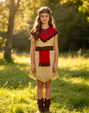 Girls Native American Style Red and Beige Fringed Costume Dress with Headband