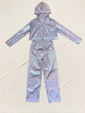 Girls holographic silver 2-piece stage costume, cropped hooded long sleeve top and elastic waist straight pants. Shiny reflective finish, trendy street style for dance competitions and performance dress-up.