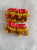 Kids exotic desert themed costume set, cape top, loose pants, headscarf and coin bracelets. Multi-layer hanging coin waist decor, bright red tone, for dance performance and carnival party.