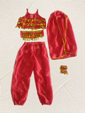 Girls exotic belly dance costume set, sleeveless cami, sheer cape, loose pants, headscarf & coin bracelets. Multi-layer dangling coin waistband, vibrant pink tone for stage and carnival dress-up.