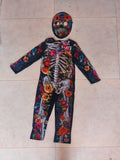 Kids Orange Floral Skeleton 2-Piece Costume Set: Jumpsuit and Matching Mask
