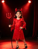 Kids Devil Costume Red Dress with Horns Headband & Pitchfork for Halloween Party Cosplay