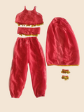 Kids exotic desert themed costume set, cape top, loose pants, headscarf and coin bracelets. Multi-layer hanging coin waist decor, bright red tone, for dance performance and carnival party.