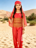 Girls exotic belly dance costume set, sleeveless cami, sheer cape, loose pants, headscarf & coin bracelets. Multi-layer dangling coin waistband, vibrant pink tone for stage and carnival dress-up.
