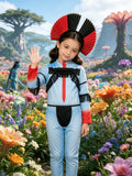 Kids themed full jumpsuit costume with fringe decoration, matched fan-shaped headpiece. Unique gradient print design, long sleeve integrated outfit, ideal for Halloween, stage performance & cosplay.