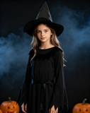 Girls Black Witch Costume Dress with Hat for Halloween