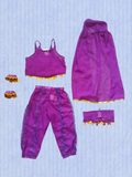 Girls exotic dance costume set, sleeveless top with layered coin tassels, matching harem pants, headscarf and wrist cuffs. Exotic ethnic style, great for stage shows, carnival and themed party role-play.