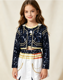 Girls Navy Blue and White Two-Piece Skirt Set with Chain Print